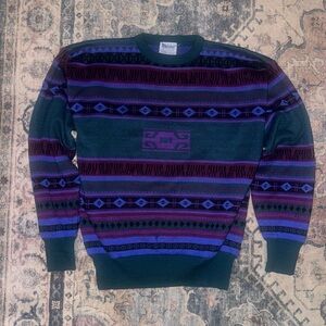 Thistor Men's Geometric Pattern Crewneck Sweater - Green and Purple